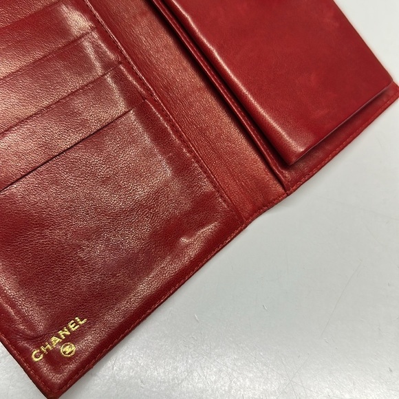 Chanel Wallet Interlocking CC Logo Caviar Leather Long Bifold Folding Red Gold - Picture 7 of 14